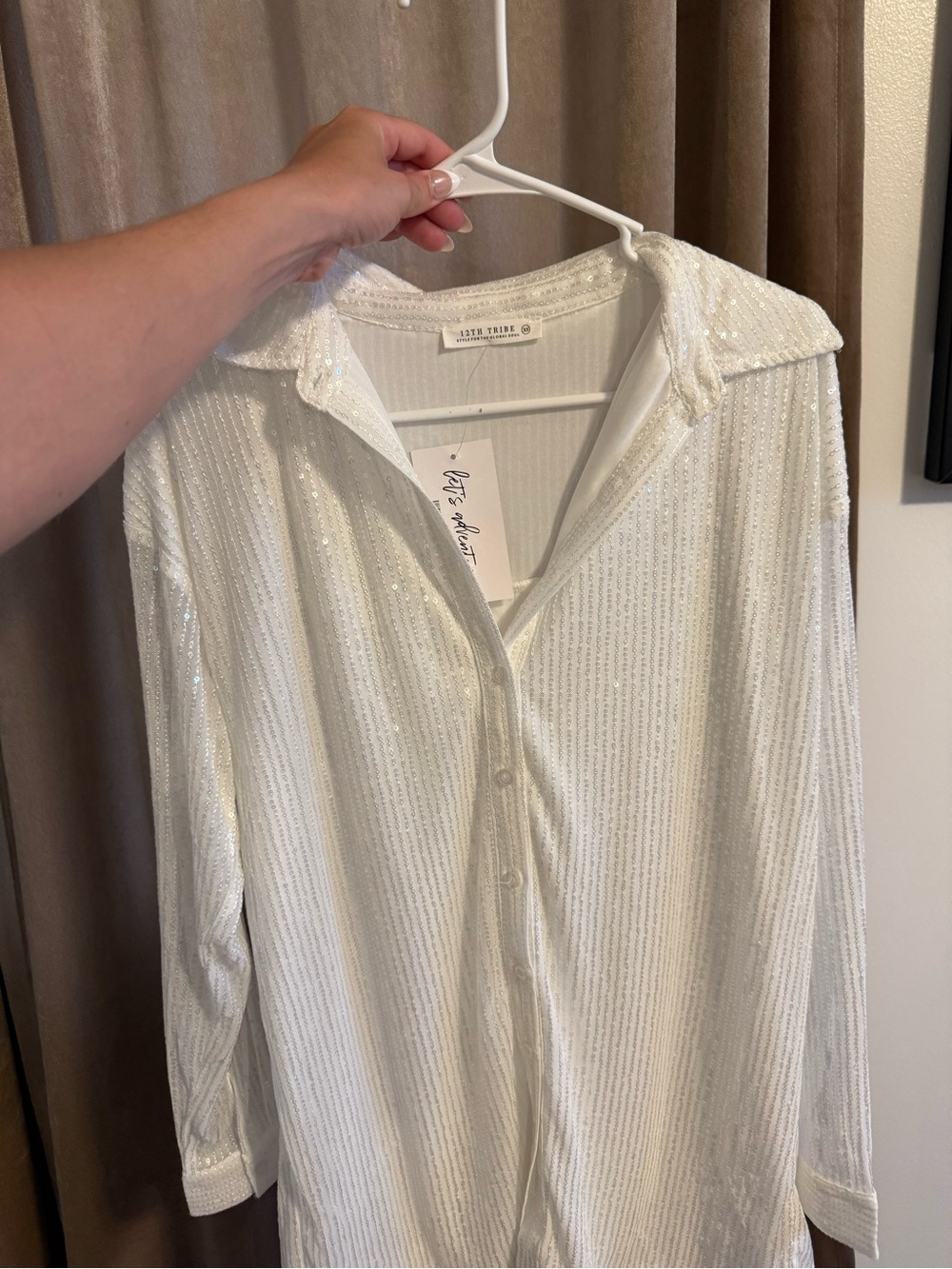 12th Tribe White Sequin Stripe Button-Front Dress